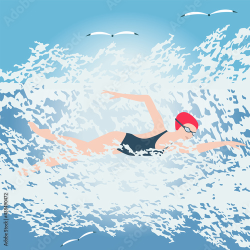 Woman in a bathing suit, with glasses, cap. Big sea waves, seagulls - vector. Water sports. Leisure. Seascape.