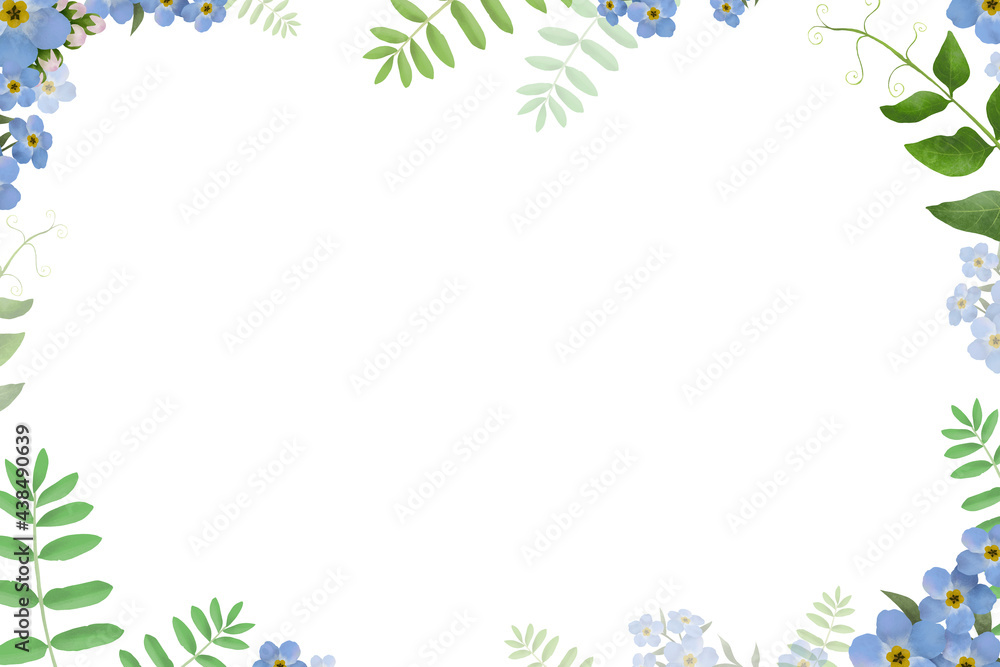 Cute floral сard template. Colorful invitation design with blue flowers and leaves. Background with floral elements. Botanical frame template.