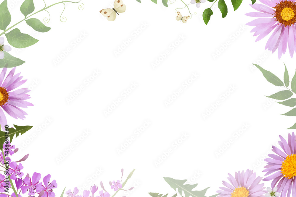 Cute floral сard template. Colorful invitation design with pink flowers and leaves. Background with floral elements. Botanical frame template.