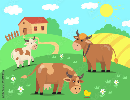 Herd of cow characters with chicken on hill in front of house. Cattle walking outside in sunny village vector illustration. Farming, countryside, domestic animals, agriculture concept