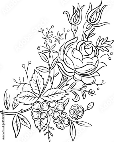 Fototapeta Naklejka Na Ścianę i Meble -  Line Art Floral Bouquet of Flowers Like Roses Vector Illustration