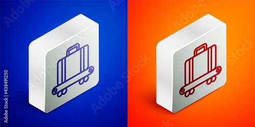 Isometric line Airport conveyor belt with passenger luggage, suitcase, bag, baggage icon isolated on blue and orange background. Silver square button. Vector
