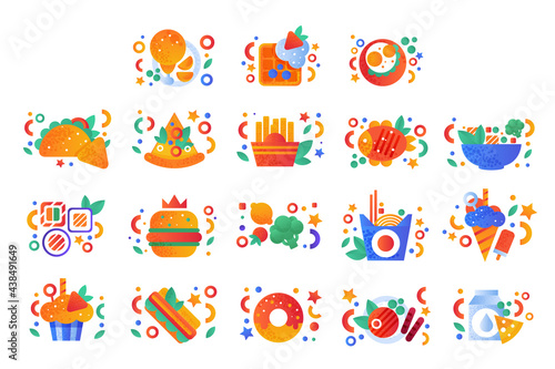 Fast Food Dishes Set, Drinks and Desserts Icons Collection Flat Vector Illustration
