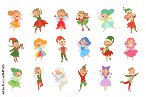 Set of Cute Fairies and Elves, Magic Little Creatures, Mythical Fairy Tale Characters Cartoon Vector Illustration