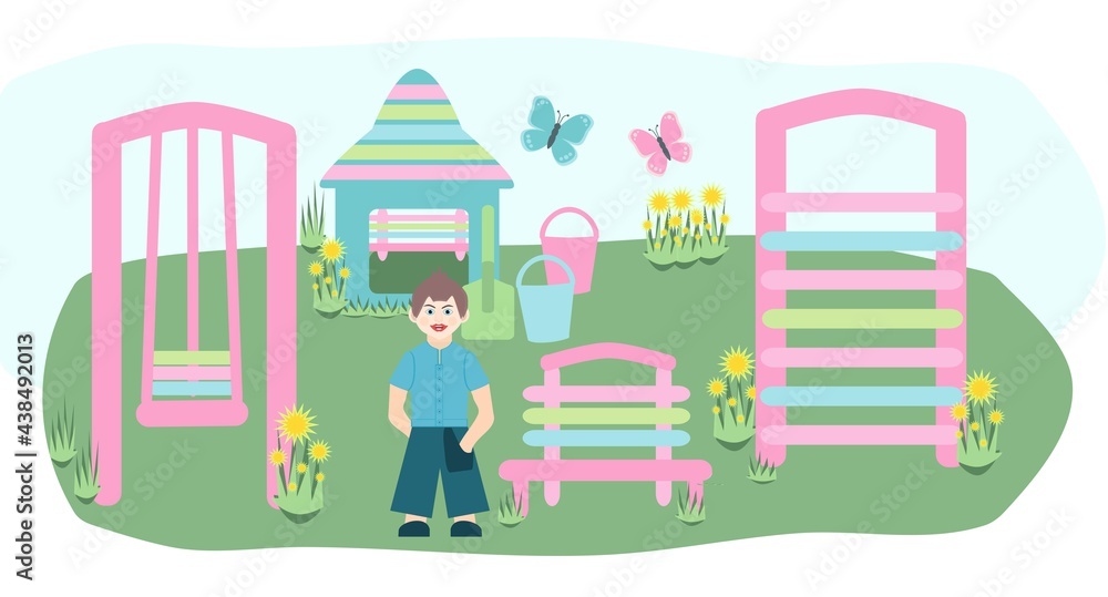 Naklejka premium Boy playing in the playground, color illustration with a swing, slide, houses, a bench for printing on children's things, on textiles and paper