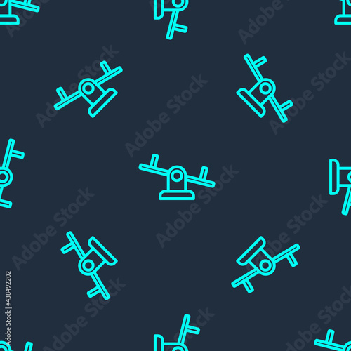 Green line Seesaw icon isolated seamless pattern on blue background. Teeter equal board. Playground symbol. Vector