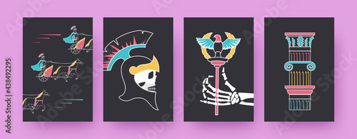 Set of contemporary art posters with chariot race. Gladiators, Spartan helmet, Roman eagle vector illustrations, black background. Ancient Rome concept for designs, social media, postcards