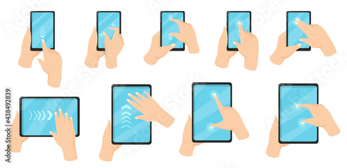 Hand on phone using touchscreen gestures vector illustration set. Fingers pinching to zoom in and out, swiping, expanding, pressing on screen of cellphone and tablet. Digital devices, motion concept