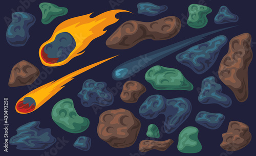 Falling fireball, different space stones vector illustration set. Asteroids, meteorites, meteoroids, meteors, moon craters cartoon collection. Space objects, astronomy concept