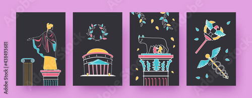 Set of contemporary art posters with Roman empire symbols. Pantheon, Capitoline wolf vector illustrations, black background. Ancient Rome concept for designs, social media, postcards