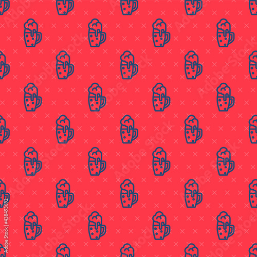 Blue line Glass of beer icon isolated seamless pattern on red background. Vector