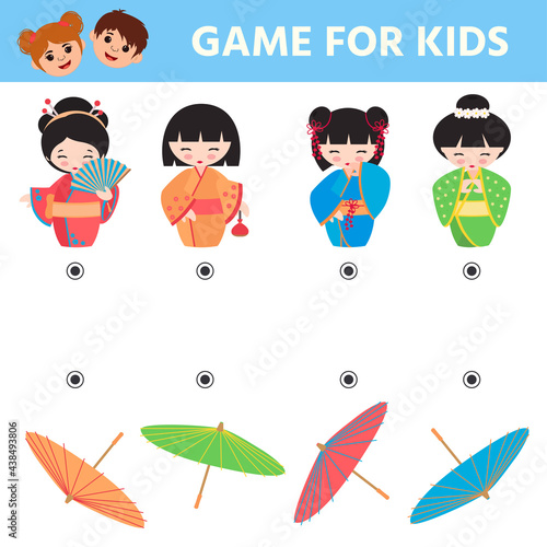 Game for preschool kids. Pick up an umbrella for the  japanese kokeshi doll. Printable worksheet. Vector Illustration