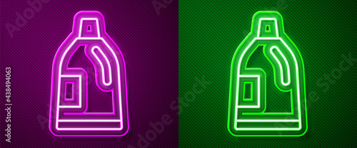 Glowing neon line Plastic bottle for laundry detergent, bleach, dishwashing liquid or another cleaning agent icon isolated on purple and green background. Vector