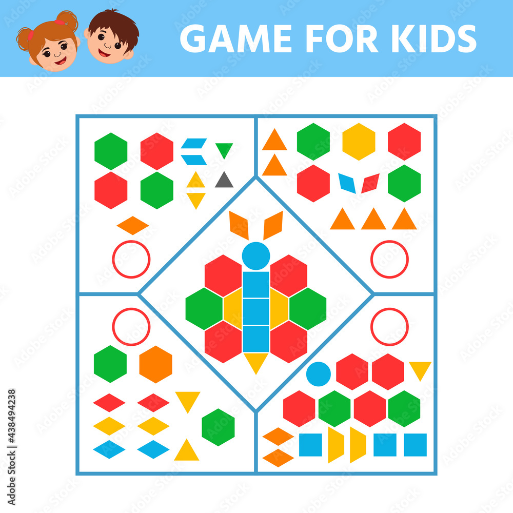 Education logic game for preschool kids for the development of logical thinking. Connect the details and colorful geometric shapes. Preschool worksheet activity. Children funny riddle entertainment
