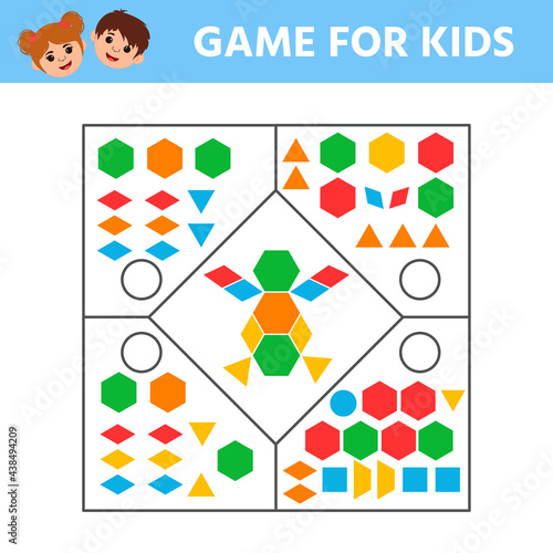 Education logic game for preschool kids for the development of logical thinking. Connect the details and colorful geometric shapes. Preschool worksheet activity. Children funny riddle entertainment