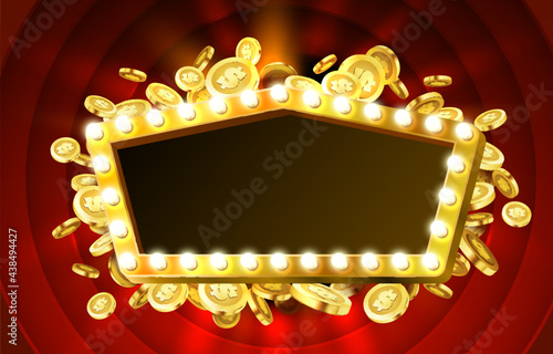 Casino lamp frame with gold realistic 3d coins background. Vector