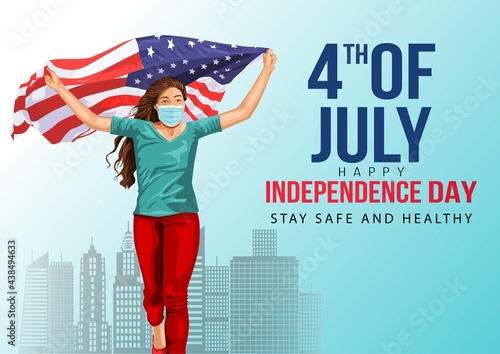 Young girl in a face mask. running with flag of America. happy Independence Day of America. 4th of July. Coronavirus,covid-19 in America. The concept of preventing the spread of the epidemic. vector