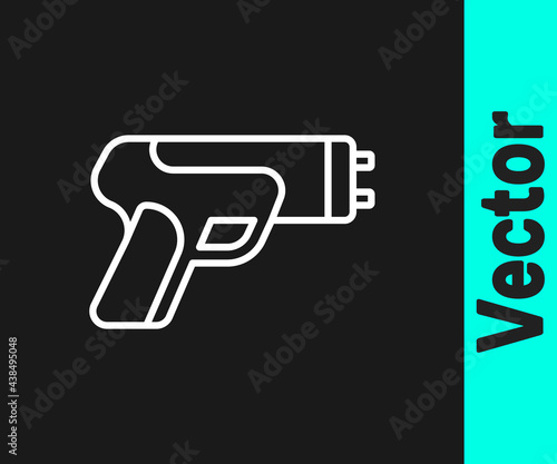 White line Police electric shocker icon isolated on black background. Shocker for protection. Taser is an electric weapon. Vector