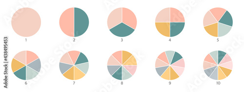 Pie chart color icons. Segment slice sign. Circle section graph. 1,2,3,4,5 segment infographic. Wheel round diagram part symbol. Three phase, six circular cycle. Geometric element. Vector illustration photo