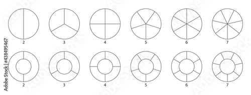Segment slice sign. Wheel round diagram part. Circle section graph line art. Pie chart icon. 2,3,4,5,6,7 segment infographic. Five phase, six circular cycle. Geometric element. Vector illustration