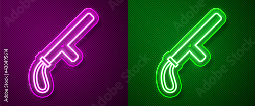 Glowing neon line Police rubber baton icon isolated on purple and green background. Rubber truncheon. Police Bat. Police equipment. Vector