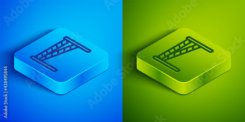 Isometric line Crime scene icon isolated on blue and green background. Square button. Vector