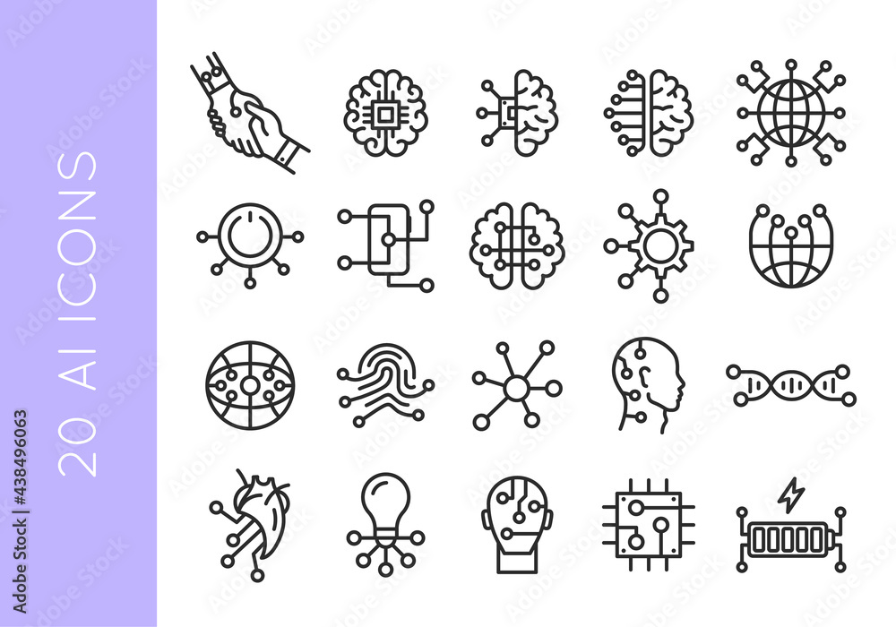 Artificial Intelligence icons. Set of 20 AI trendy minimal icons. Machine, brain, robot icon. Design signs for  web page, mobile app, banner, logo. Vector illustration