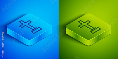 Isometric line Man graves funeral sorrow icon isolated on blue and green background. The emotion of grief, sadness, sorrow, death. Square button. Vector