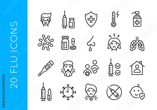 Flu, Coronavirus and Vaccine icons. Set of 20 trendy minimal icons. Wearing Mask, Virus, Vaccine, Flu disease prevention icons. Design signs for banner, web page, mobile app. Vector illustration