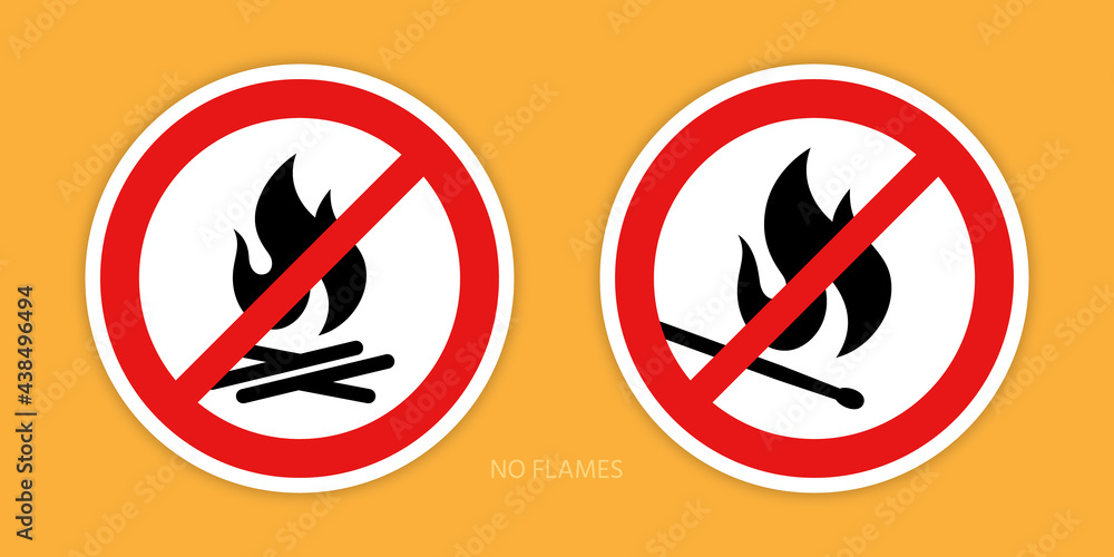 No flames signs. Two prohibition signs with a burning match and campfire symbols are isolated on an orange background. Vector illustration. No flames signs. Two prohibition signs with a burning match and campfire symbols are isolated on an orange background. Vector illustration.