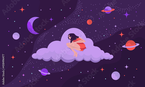 Night dreams illustration. Sleeping woman on cloud with background full of stars and planets. Trendy flat graphic. Universe background. Night dreams, Dreaming, Fantasy concept. Vector illustration.  