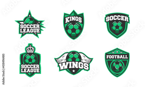 Set of 6 Soccer, football logo. Modern flat emblems for fantasy soccer, tournament, football team. Print for t-shirt, typography. Vector illustration