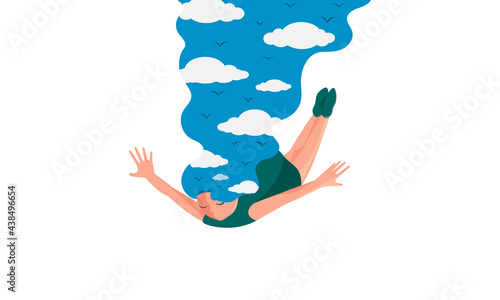 Flying dreams illustration. Woman with hair of sky and clouds falling down isolated on white background. Flying in dreams concept. Relax, Dreaming. Vector illustration 