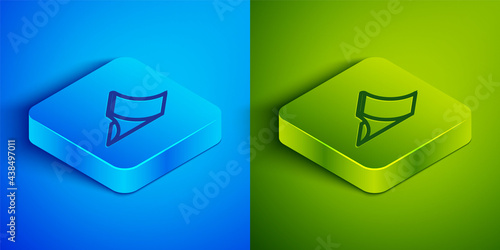 Isometric line Skate park icon isolated on blue and green background. Set of ramp, roller, stairs for a skatepark. Extreme sport. Square button. Vector