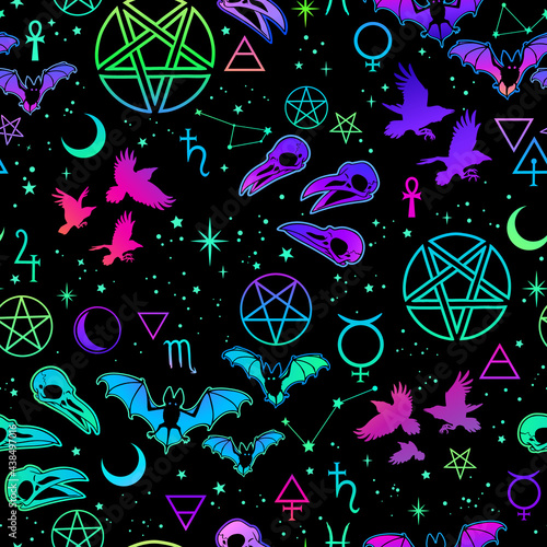 witchcraft seamless pattern with different magic elements and animals