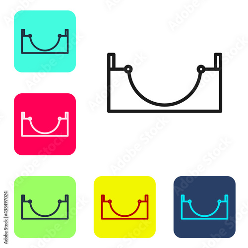 Black line Skate park icon isolated on white background. Set of ramp, roller, stairs for a skatepark. Extreme sport. Set icons in color square buttons. Vector