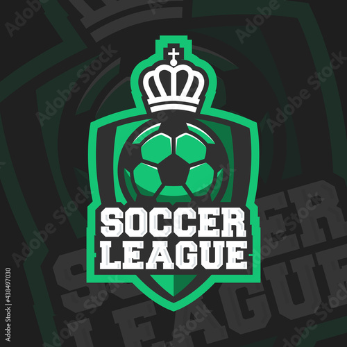 Soccer logo template isolated on black background. Football team emblem, logo with shield and monarch crown. Modern sport design for logo, banner, poster, flyer. Vector illustration