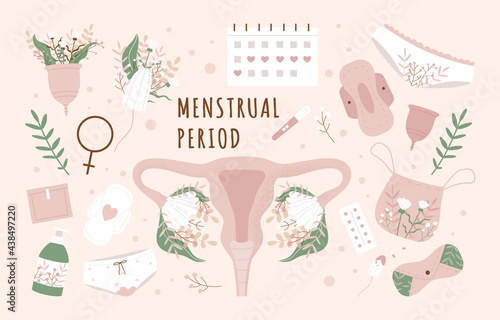 Menstruation period set. Various feminine hygiene products including zero waste objects. Women's panties, tampons, pads, calendar, cups. Flat cartoon vector illustration isolated on white background