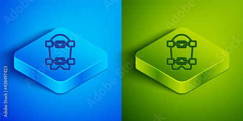 Isometric line Longboard or skateboard cruiser icon isolated on blue and green background. Extreme sport. Sport equipment. Square button. Vector