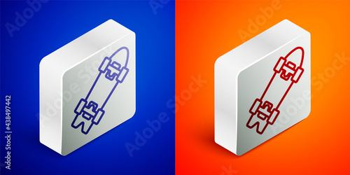 Isometric line Longboard or skateboard cruiser icon isolated on blue and orange background. Extreme sport. Sport equipment. Silver square button. Vector