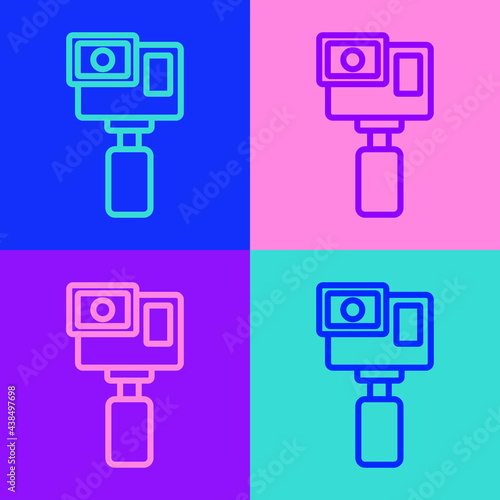 Pop art line Action extreme camera icon isolated on color background. Video camera equipment for filming extreme sports. Vector