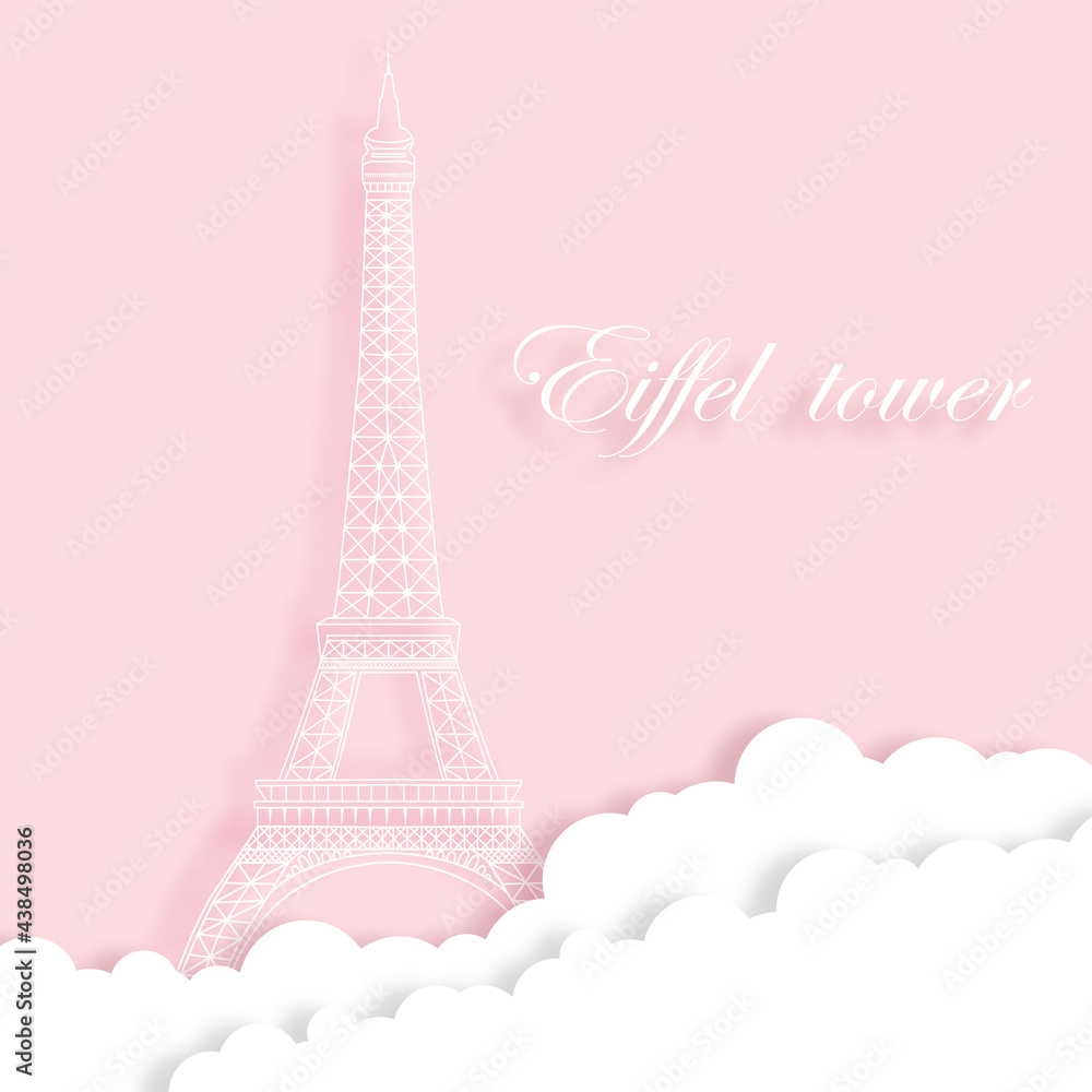 Paper cut of France landmark, travel and tourism concept. Silhouette of Eiffel tower and clouds. Vector illustration. Paper art of Paris. Origami concept.