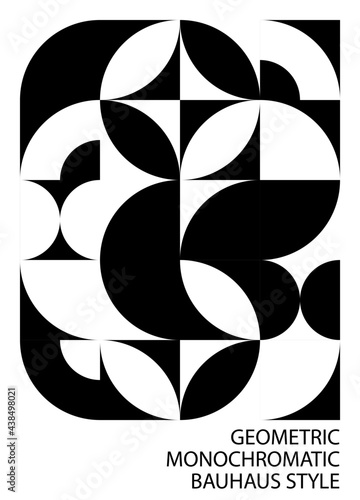 Abstract black white background, bauhaus style. Geometric pattern, circle, semicircle, arc corner, leaf. Texture design for print, cover, poster, flyer, brochure, banner, wall. Vector illustration.