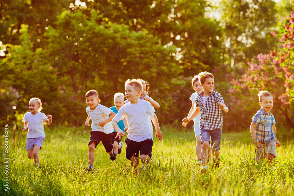 Fototapeta premium A group of happy children of boys and girls run in the Park on the grass on a Sunny summer day.