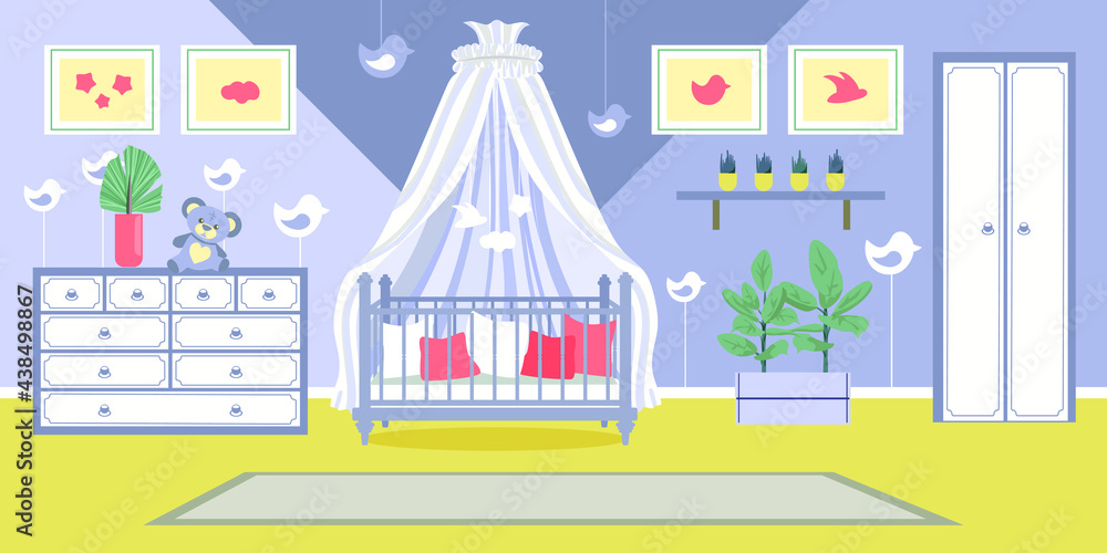interior of a universal children's room Crib with sides and canopy Modern flat style interior with furniture and fittings Wardrobe chest of drawers ficus paintings birds Vector stock illustration
interior of a universal children's room Crib with sides and canopy Modern flat style interior with furniture and fittings Wardrobe chest of drawers ficus paintings birds Vector stock illustration
