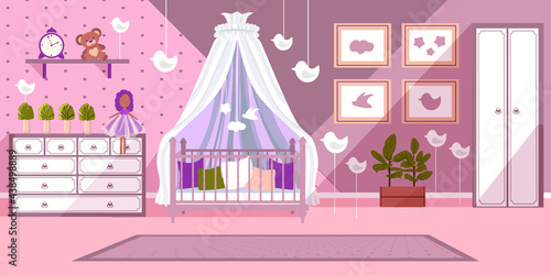 interior of a universal children's room Crib with sides and canopy Modern flat style interior with furniture and fittings Wardrobe chest of drawers ficus paintings birds Vector stock illustration