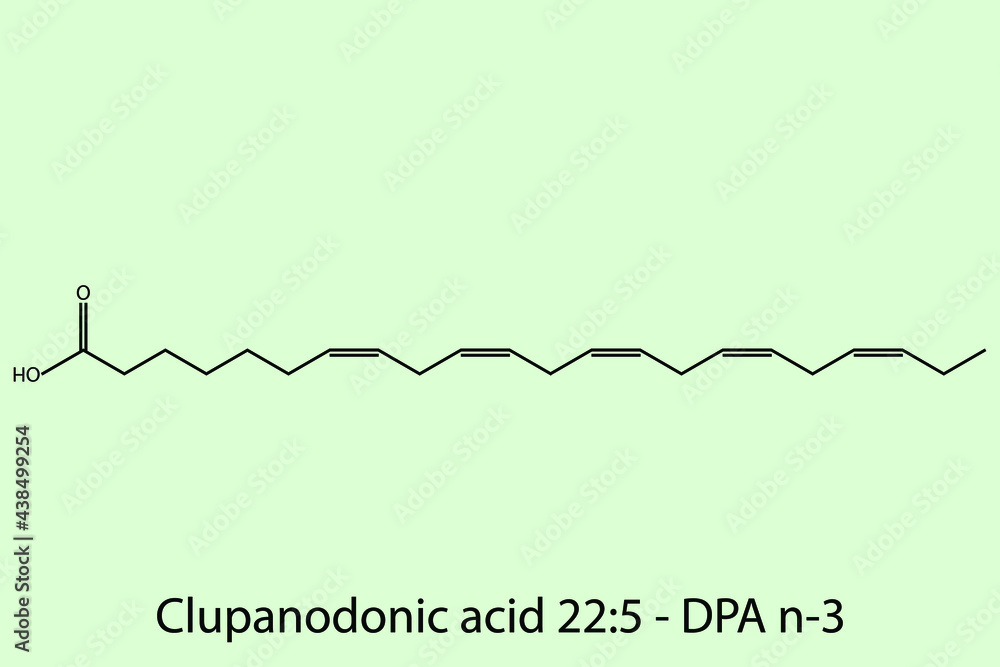 Clupanodonic Acid - Omega 6 biomolecule molecular formula. Skeletal molecule structure vector eps10. Clupanodonic Acid - Omega 6 biomolecule molecular formula. Skeletal molecule structure vector eps10.
