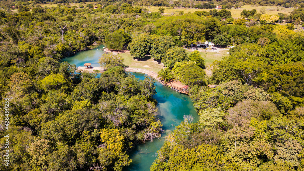 Municipal bathhouse of Bonito. Aerial view of the park and the river with clear, green waters
