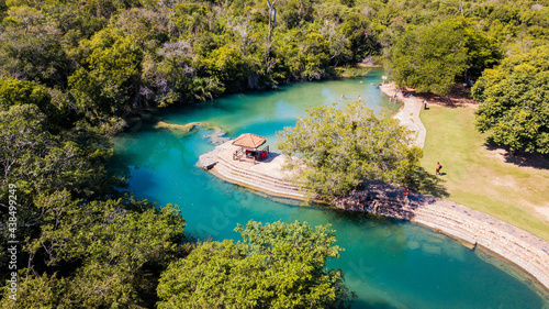 Municipal bathhouse of Bonito. Aerial view of the park and the river with clear, green waters