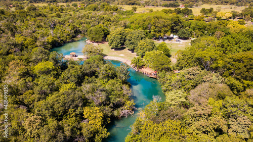 Municipal bathhouse of Bonito. Aerial view of the park and the river with clear  green waters